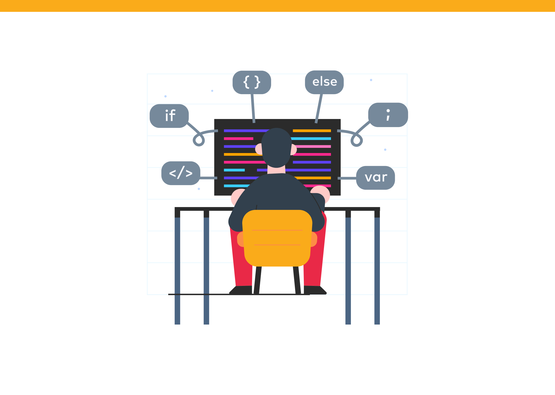 Illustration of a developer at a monitor full of code surrounded by programming keywords like if, else and var