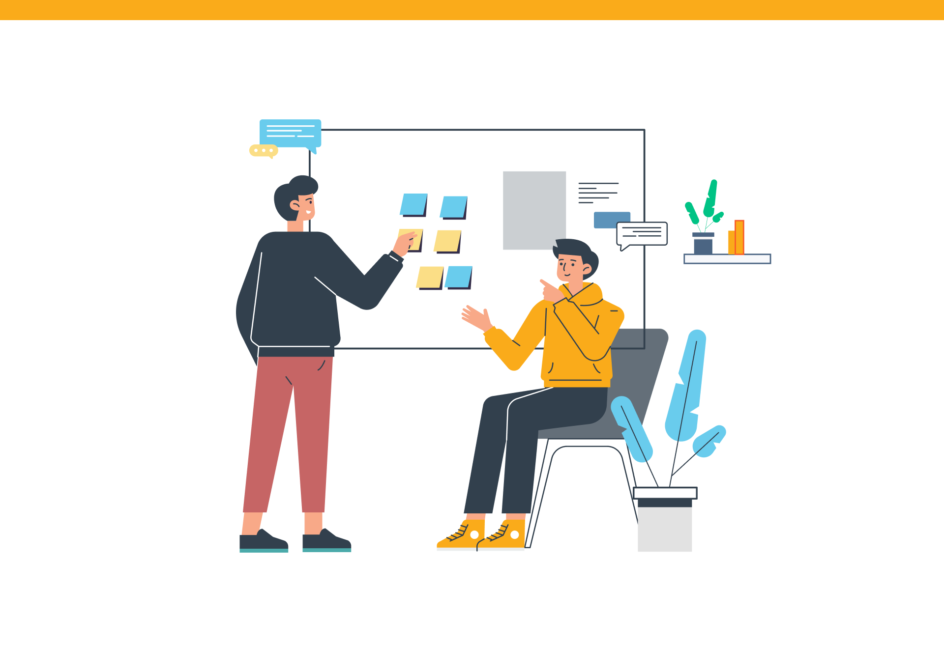 Illustration of two people discussing ideas in front of a whiteboard with sticky notes