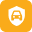 Orange icon of a car on a shield, symbolising insurance