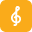 Orange square icon with a white treble clef, representing the music category