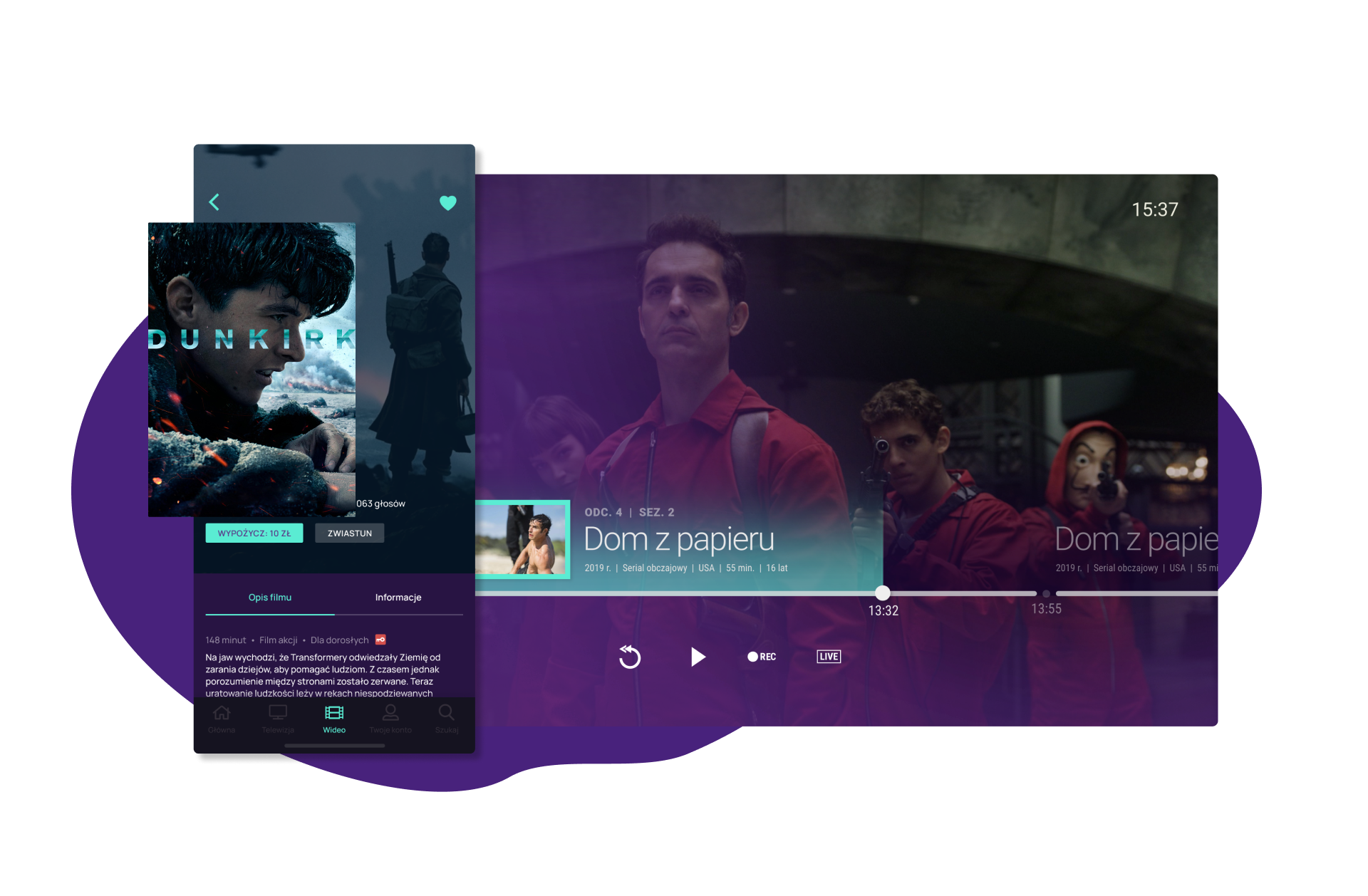 Play Now mobile and TV app screens showing the „Dunkirk” film details and the „Dom z papieru” series player