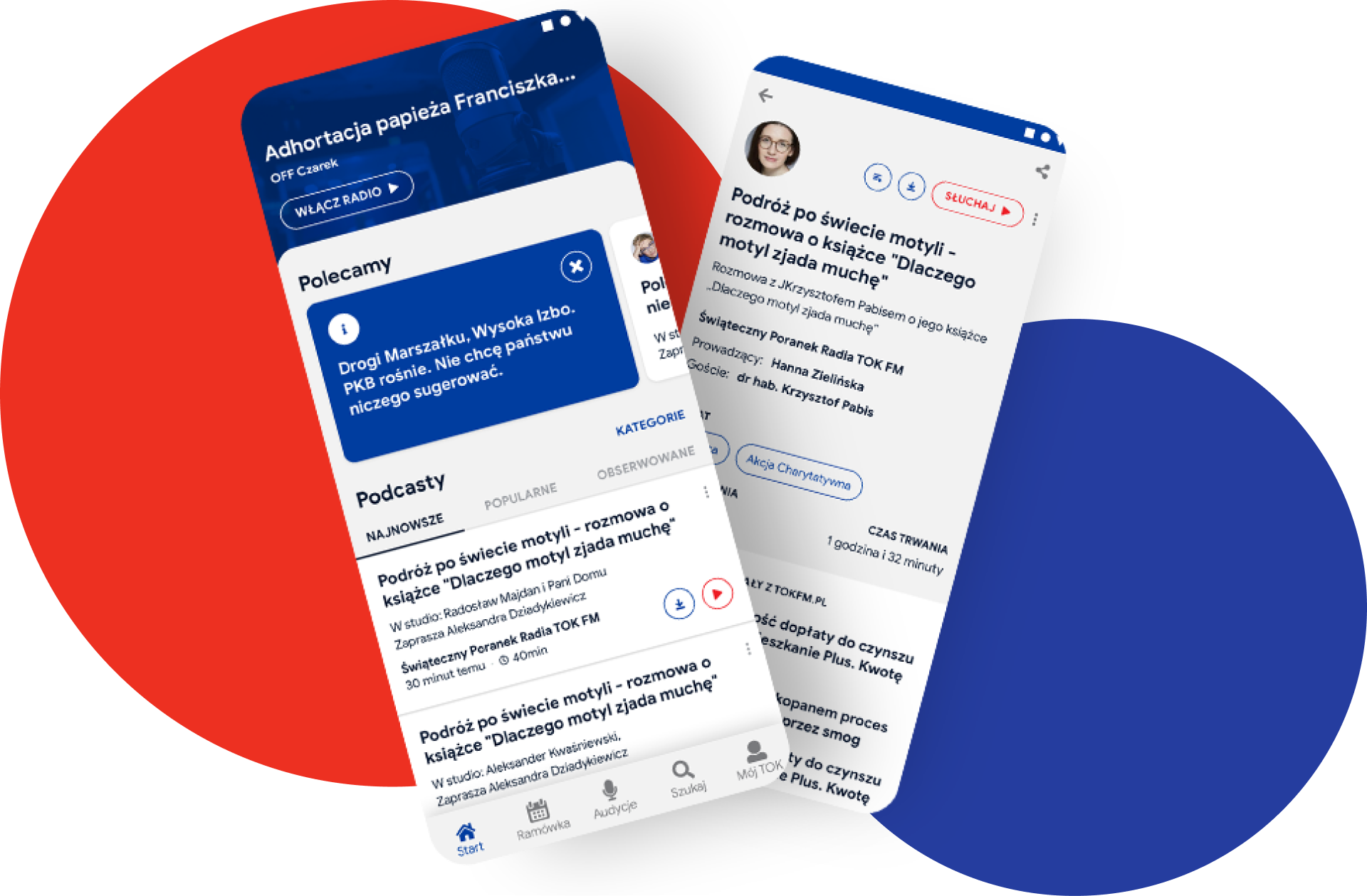 Two smartphones with the TOK FM app showing recommended content, a podcast list and a podcast episode page