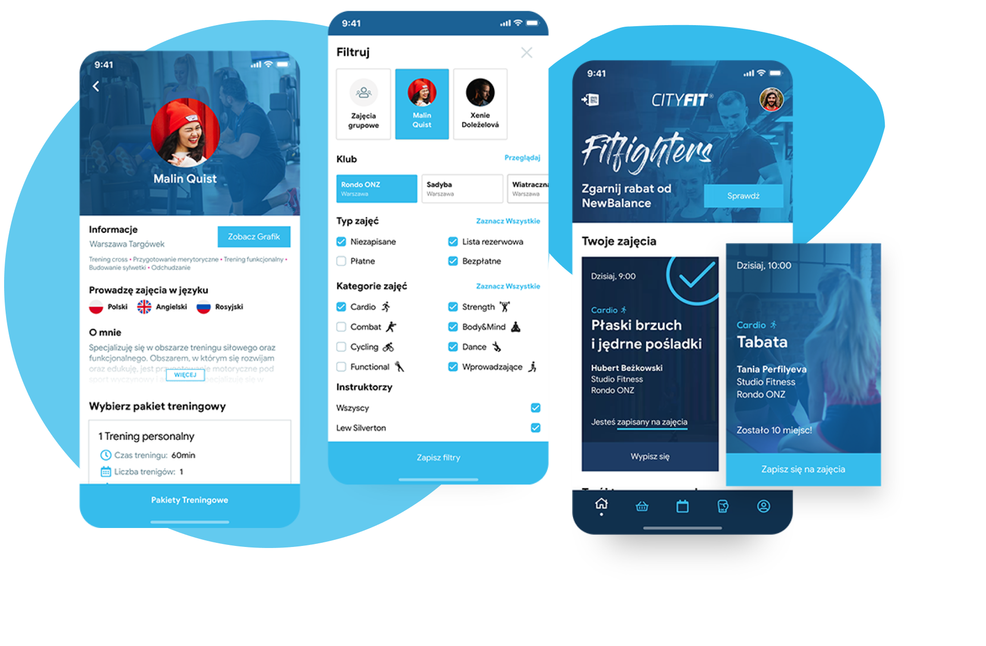 Three CityFit app screens showing a trainer profile, class filters and the user's booked classes