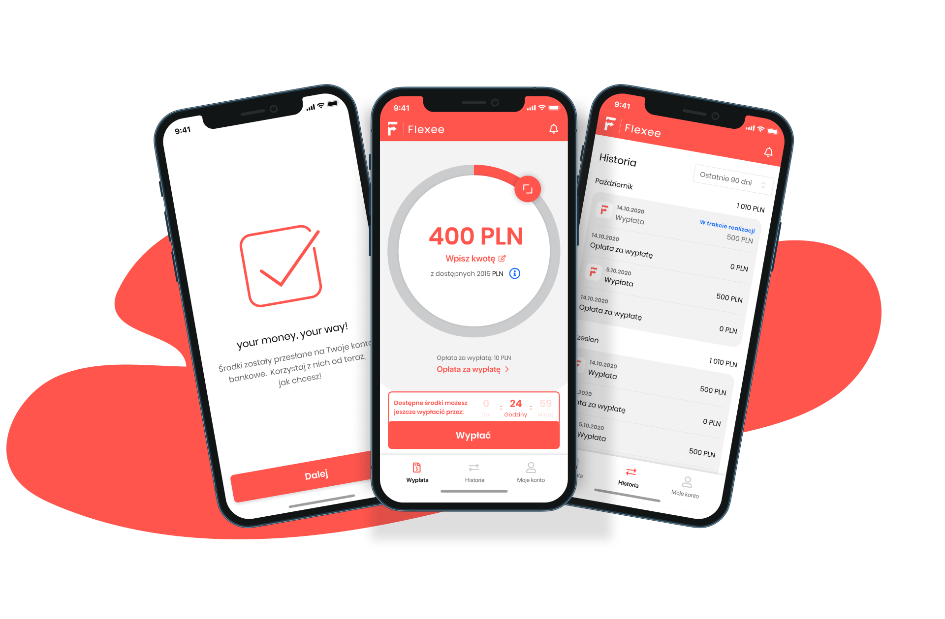 Three smartphones with Flexee app screens: payout confirmation, choosing a 400 PLN payout amount and the payout history