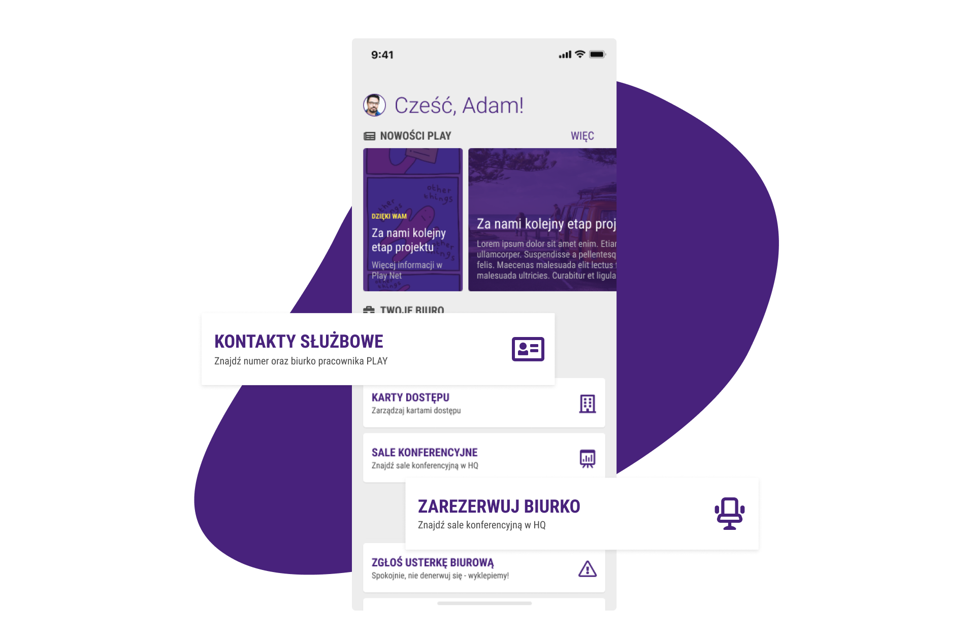 Play Spot app home screen with company news and office shortcuts such as business contacts and desk booking