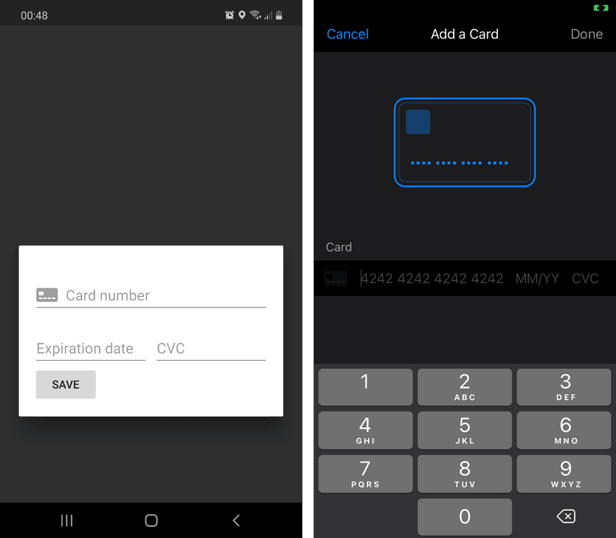 Stripe card entry forms in a Flutter app on Android and iOS, with card number, expiry date and CVC fields