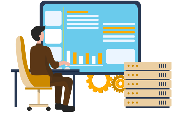 Illustration of a person at a computer with a dashboard chart next to server racks and gears