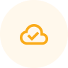 Orange line icon of a cloud with a checkmark on a light circle, symbolising reliable cloud services