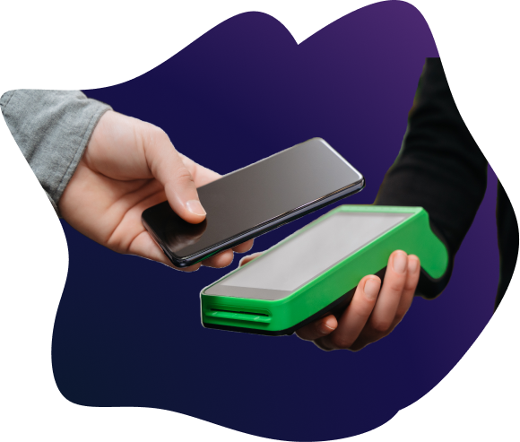 Customer tapping a smartphone against a green Viva Wallet payment terminal to make a contactless payment